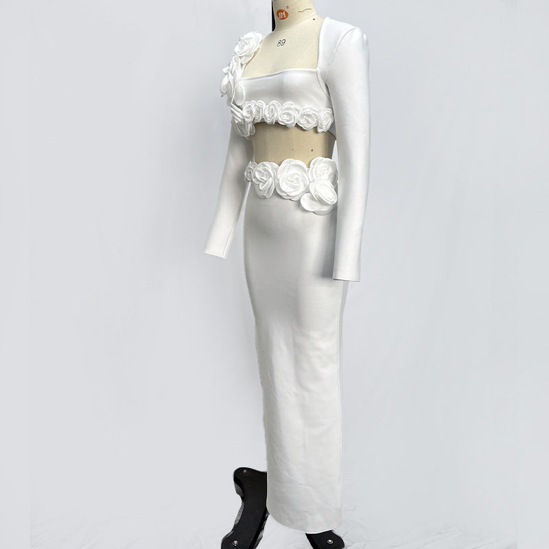 Solid Color Long Sleeve Flower Bandage Top Long Skirt Two-Piece Set 10