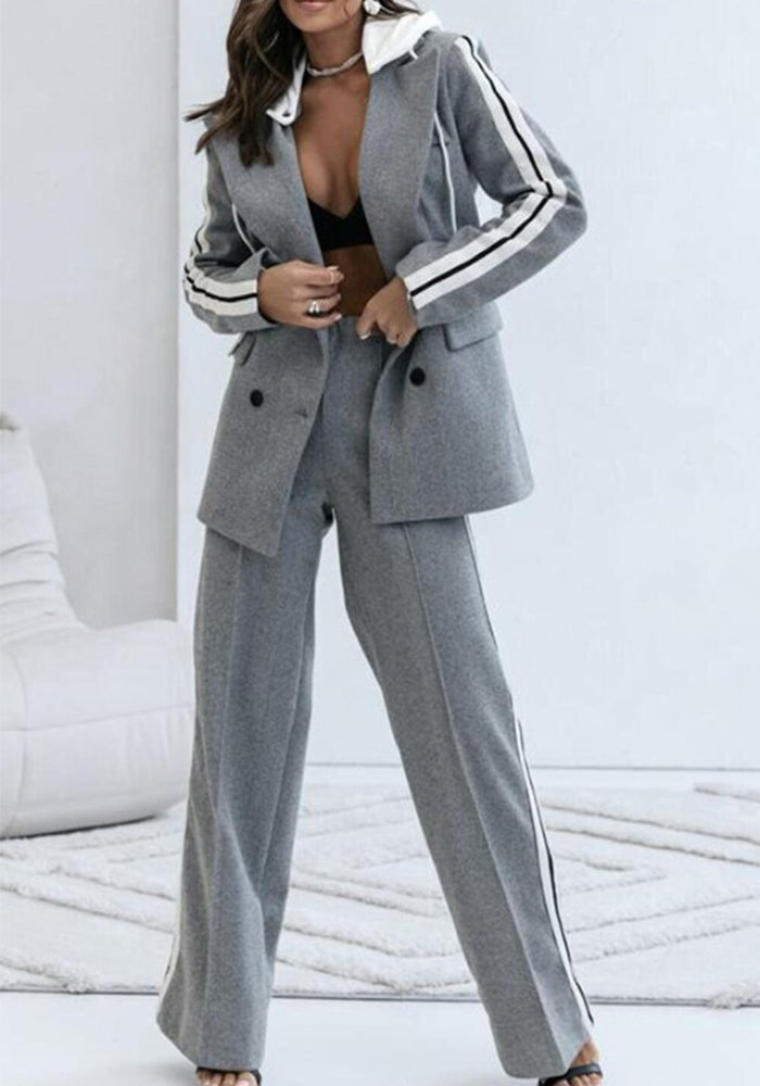Women Double Breasted Pocket Blazer Suit Two Piece