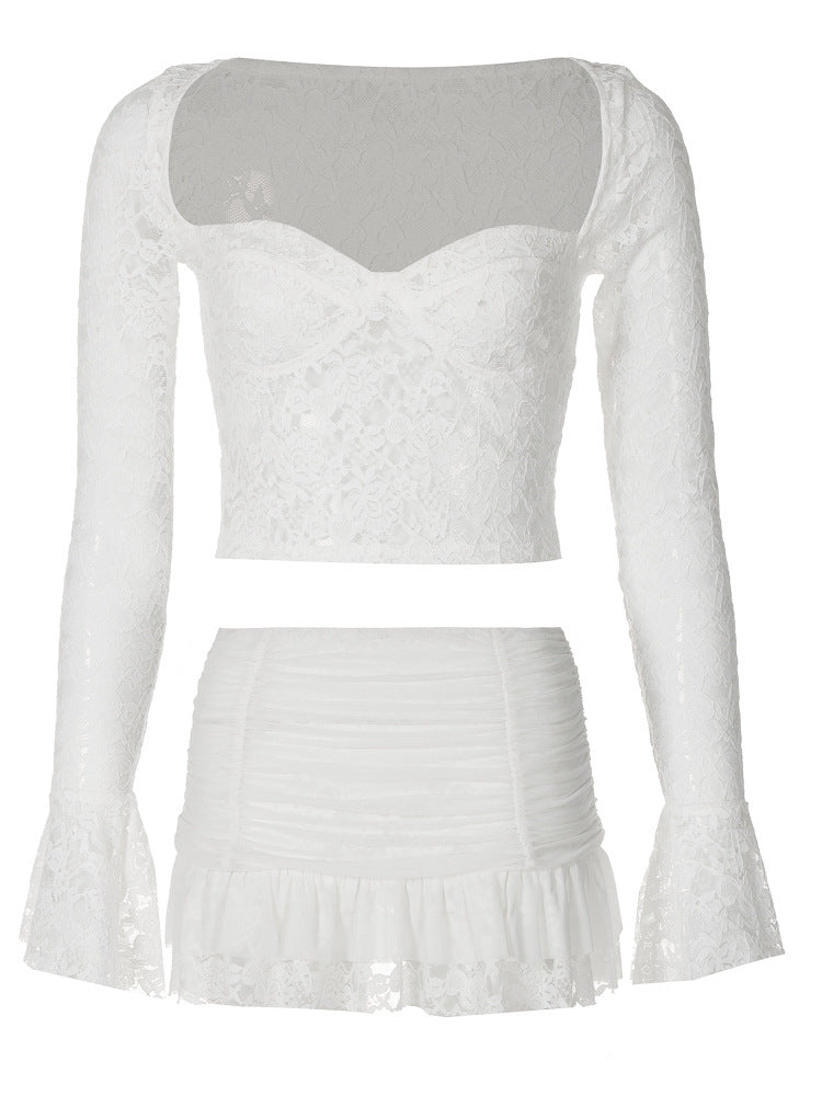 Women Autumn Sexy Bell Bottom Sleeve Crop Top Gathered Skirt Two-piece Set 6