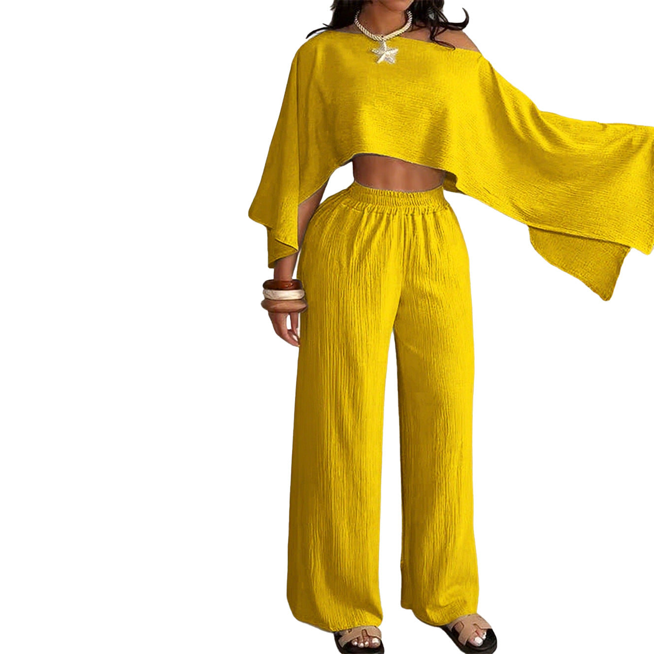 Women's Fashion Sexy Beach Holidays Solid Slash Shoulder Irregular Top with Elastic Waist Pockets Long Pants Set 12