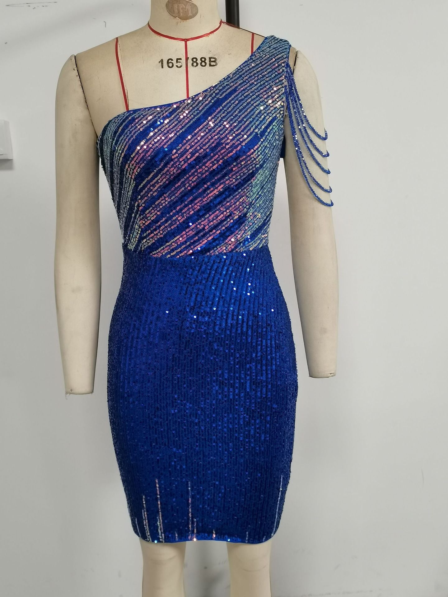 Women sequined one-shoulder sexy party bodycon mini dress 4