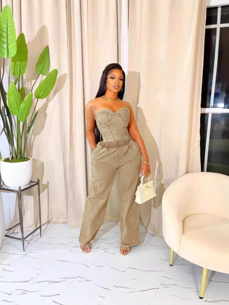 Women casual stretchy denim sleeveless top and pant two-piece suit 4