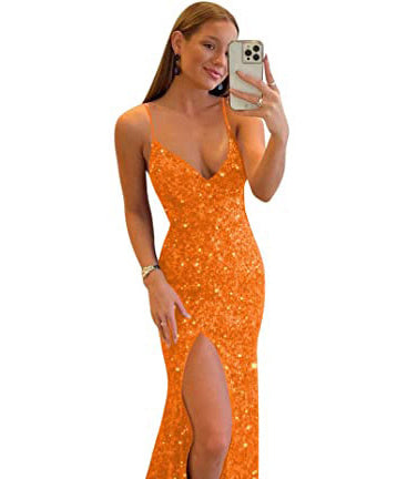 Luxury Sequin Strap Deep V Neck Low Back Formal Party Evening Dress（Processing time need 3-6 days） 15