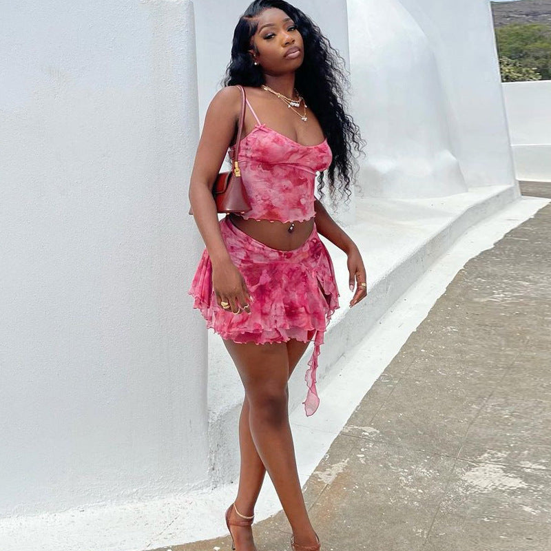 Women printed camisole and slit skirt two-piece set 4