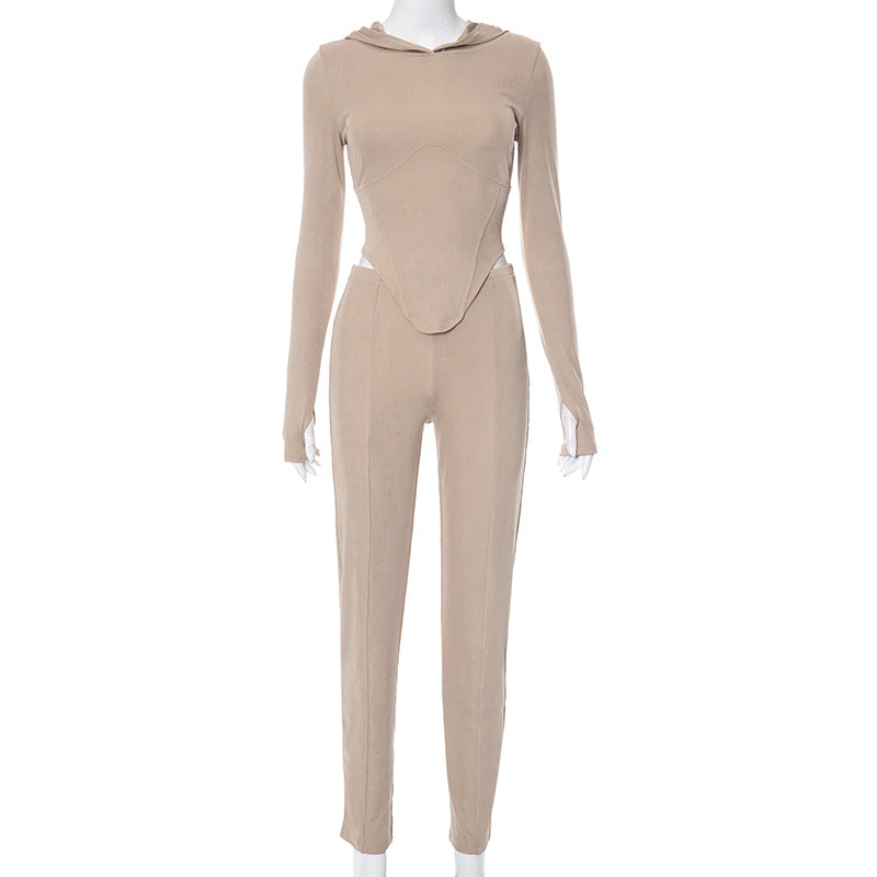 Women's Autumn And Winter Tight Fitting Hooded Long Sleeve Top And Pants Casual Two Piece Set 9