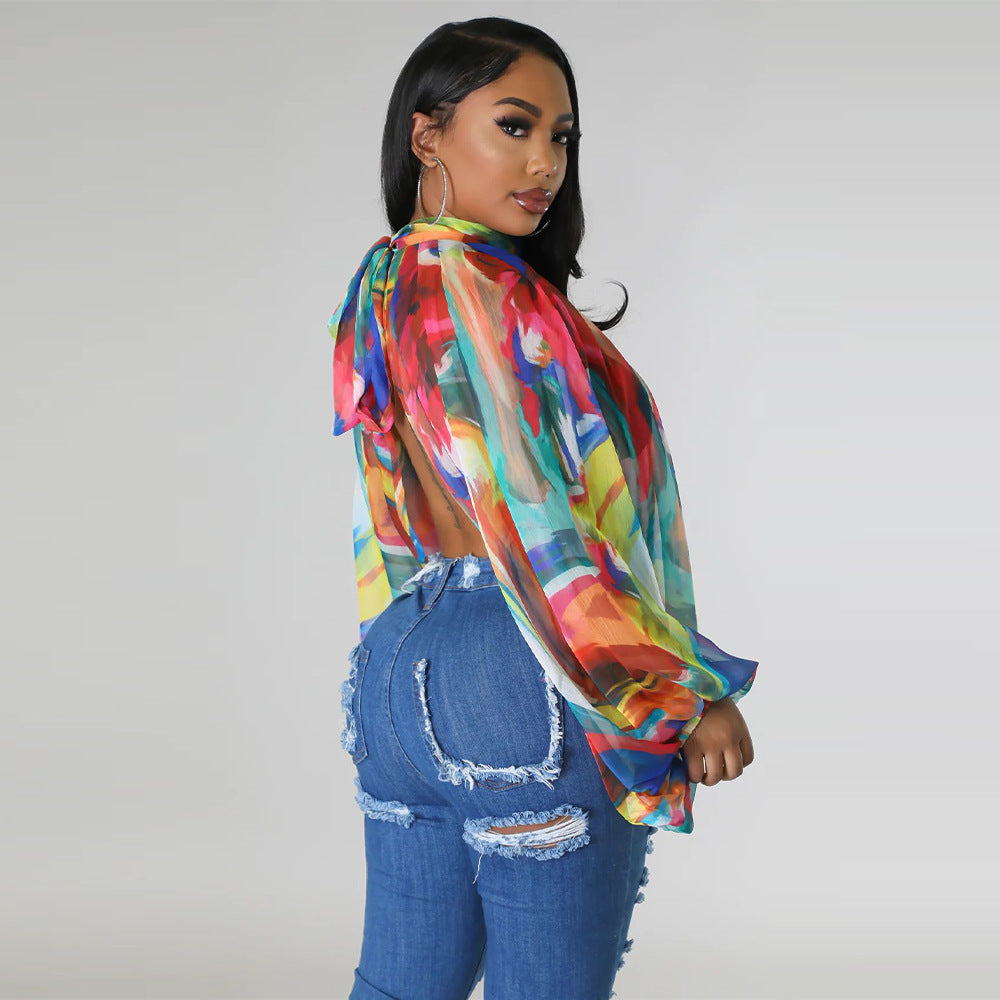 Women's Summer Lace-Up Printed Chiffon Shirt Bat Sleeves Top 33