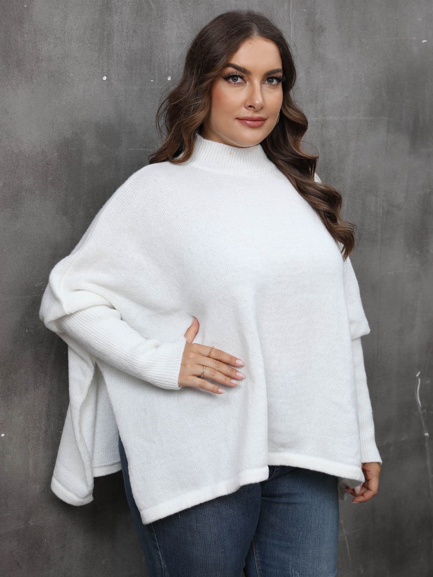 Women's Pullover Top Plus Size Women's Slit Bat Sleeves Turtleneck Loose Sweater 8