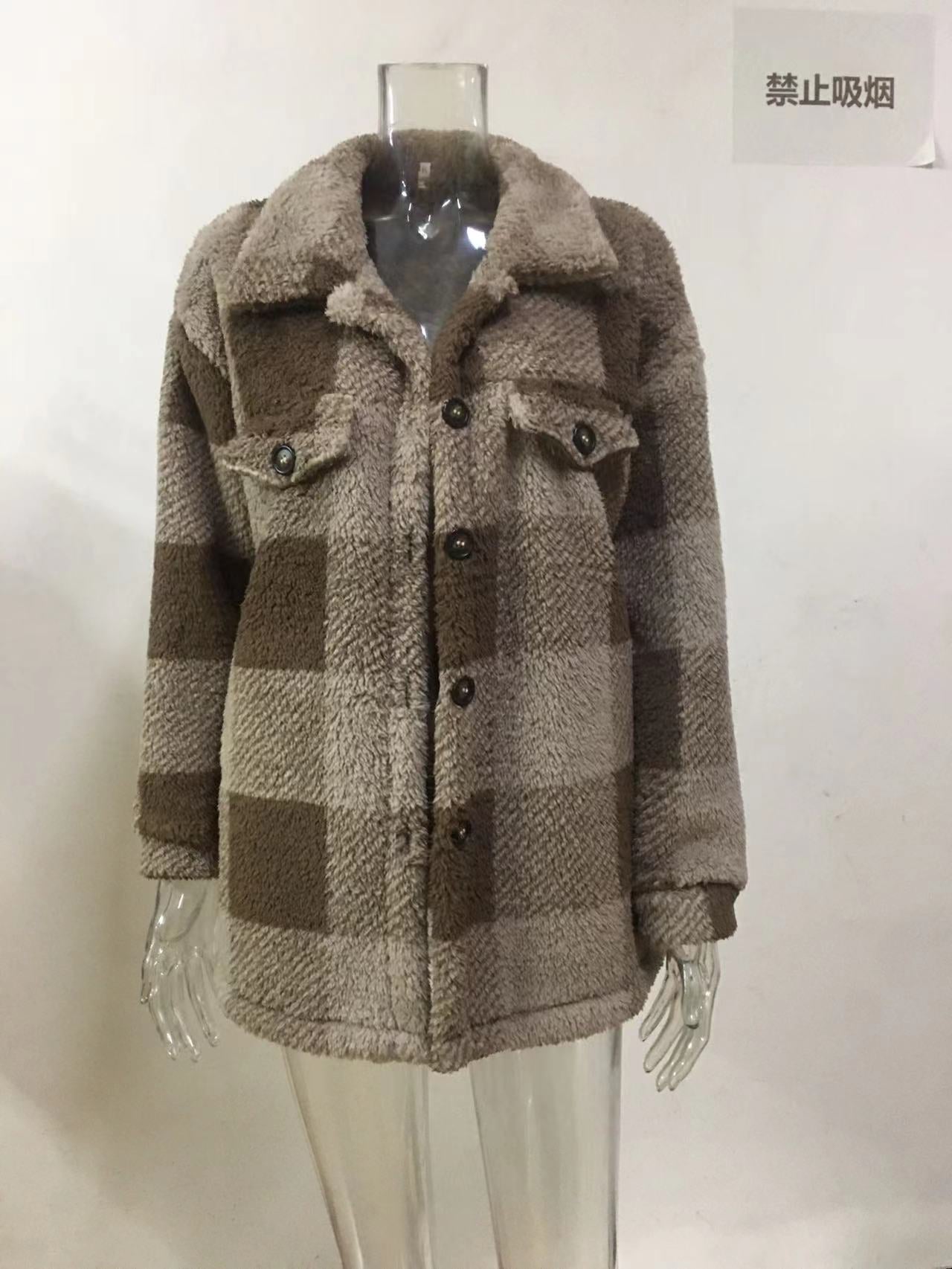Women Autumn and Winter Pocket Plaid Sherpa Jacket Button Plush Jacket 35
