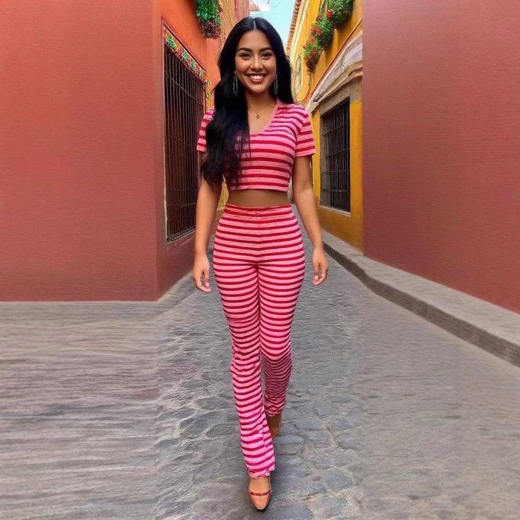 Fashion Turndown Collar Shirt & Striped Bell-Bottom Pants Summer Knit Set 3