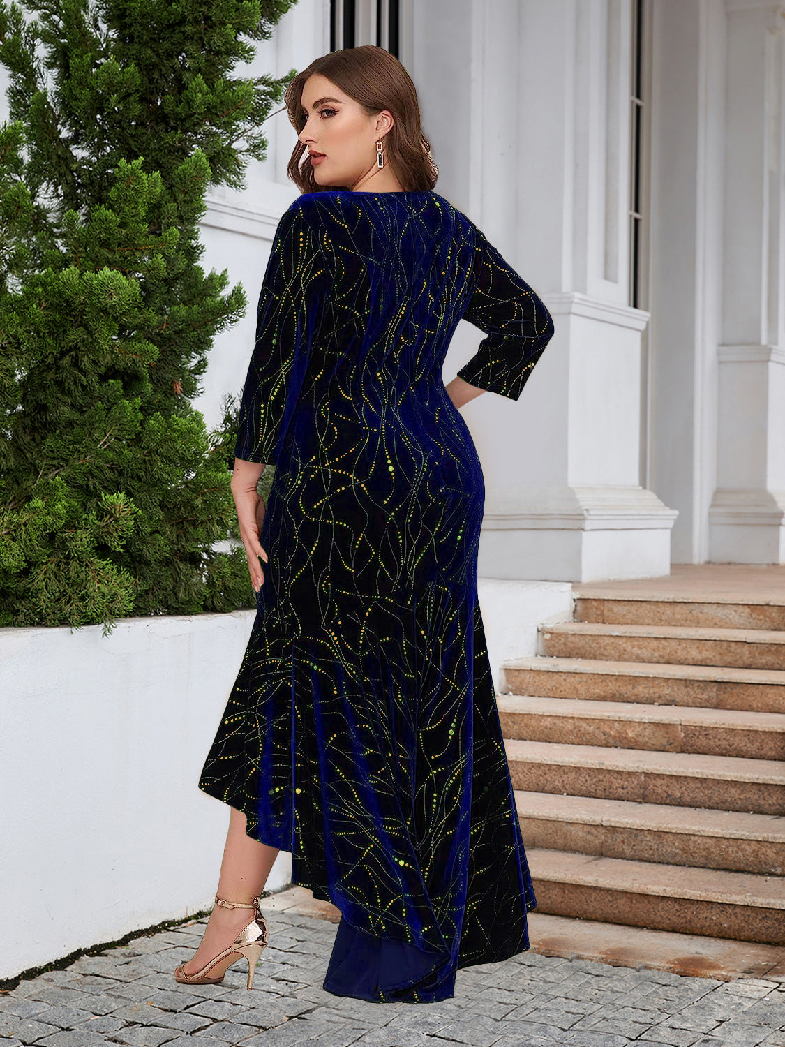 Women's Plus Size Three Quarter Sleeve Mermaid High Low Hem Long Velvet Formal dress 26