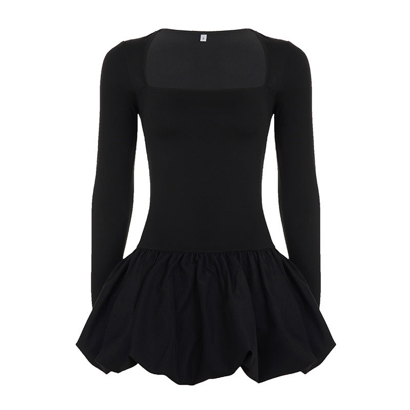 Women Elegant Square Neck Floral Long-Sleeved Solid Dress 9