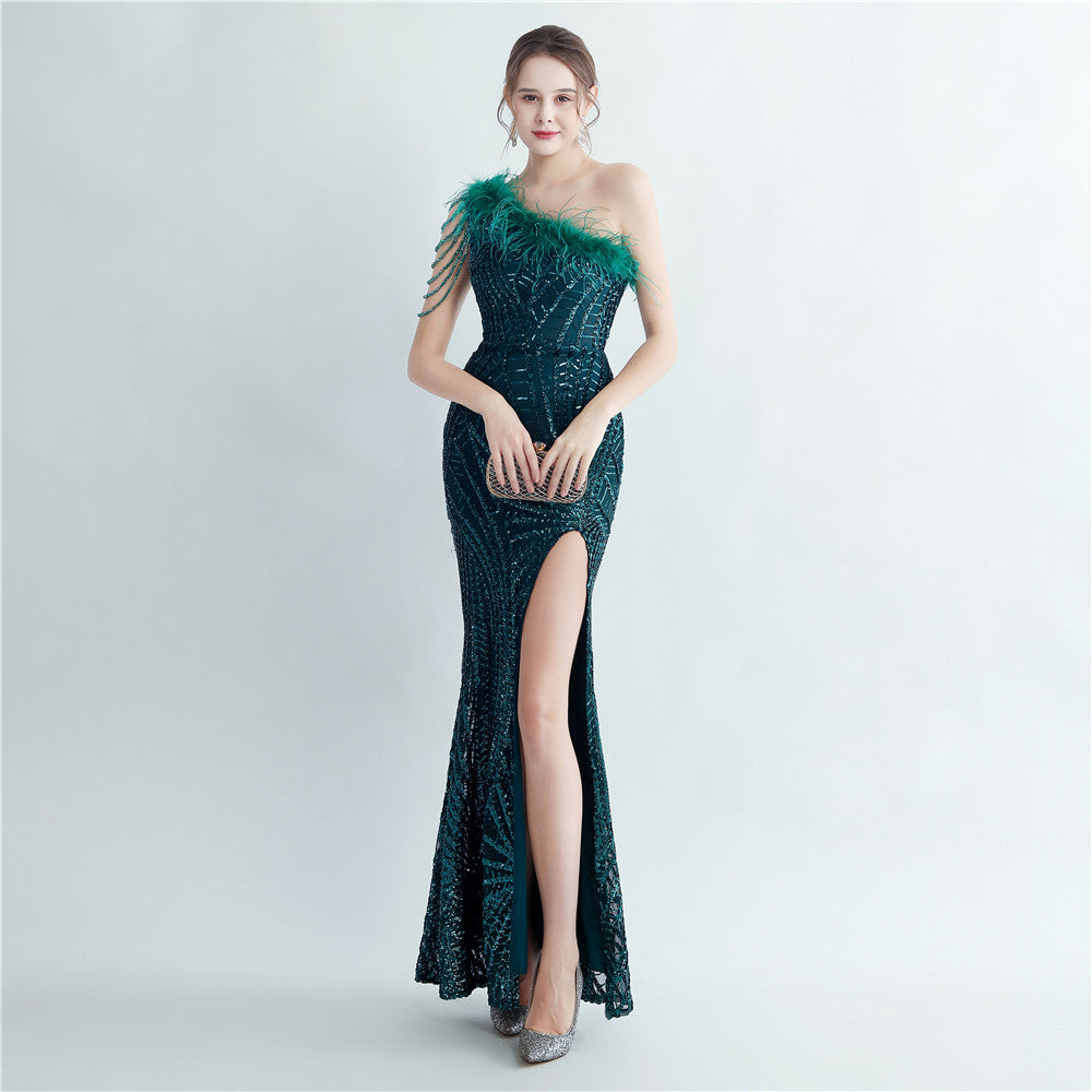 Feather beaded Slash Shoulder formal Party evening dress 3