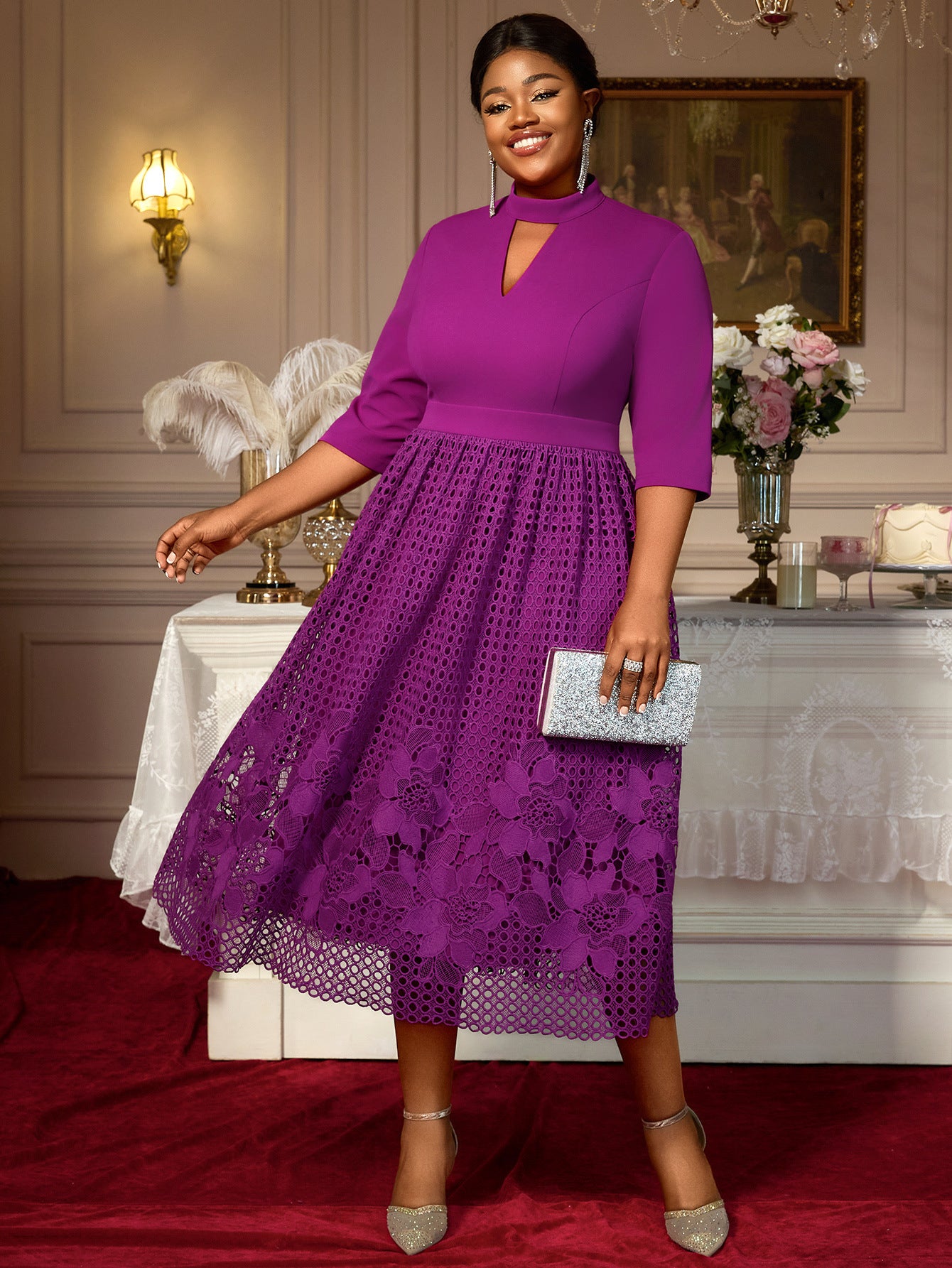 Plus Size Patchwork Lace High-Neck A-Line 3/4 Sleeve Elegant Dress 4