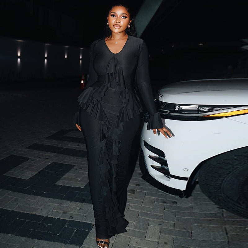 Women solid elegant long sleeve u-neck dress 3