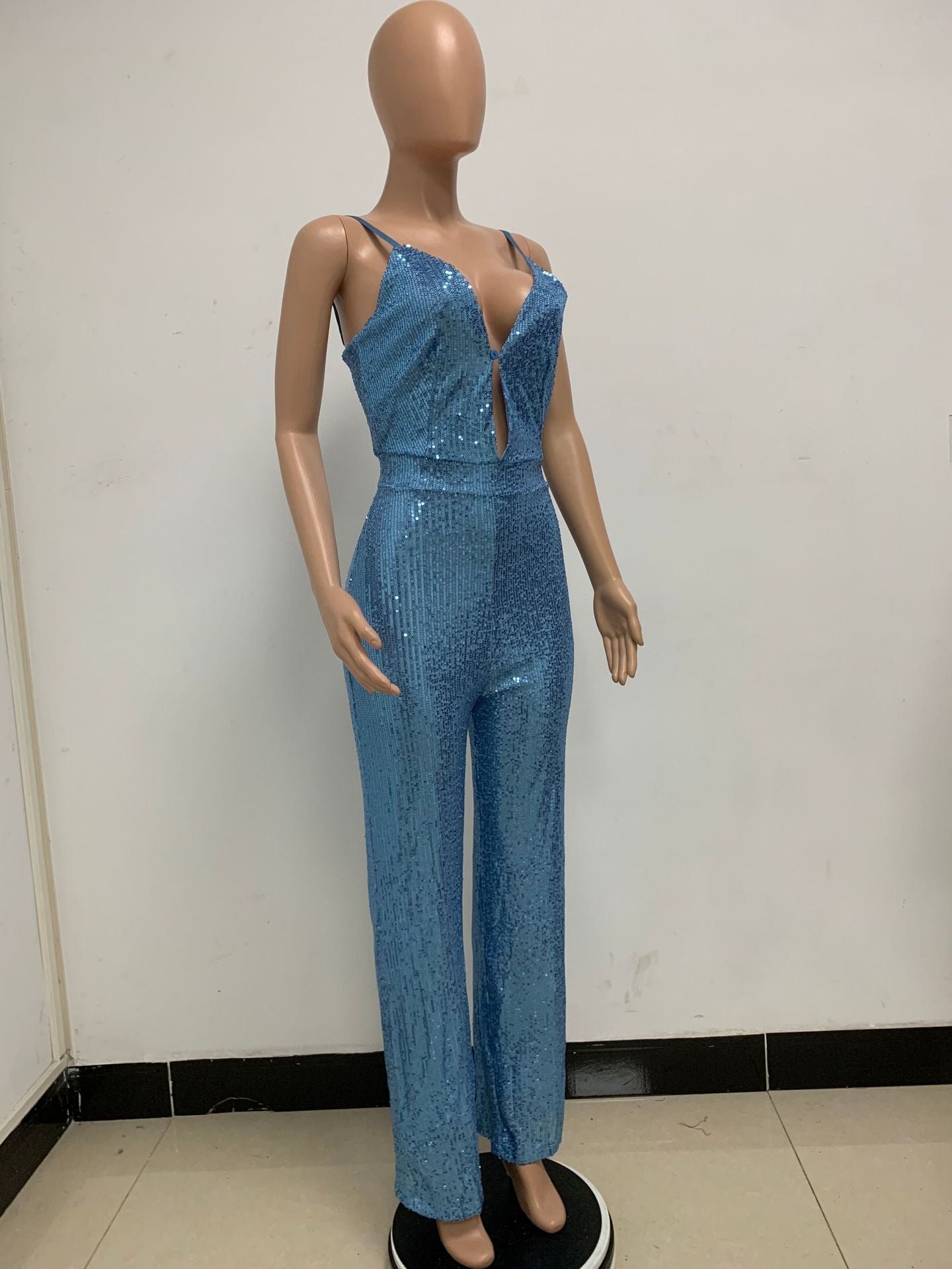 Deep V Neck Low Back Sleeveless Chic Sequined Straps Elegant Women's Party Jumpsuit 112