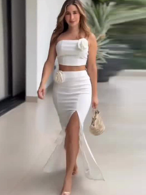Summer Solid Color Strapless Tops Slit Long Skirts Fashion Two Piece Set 3