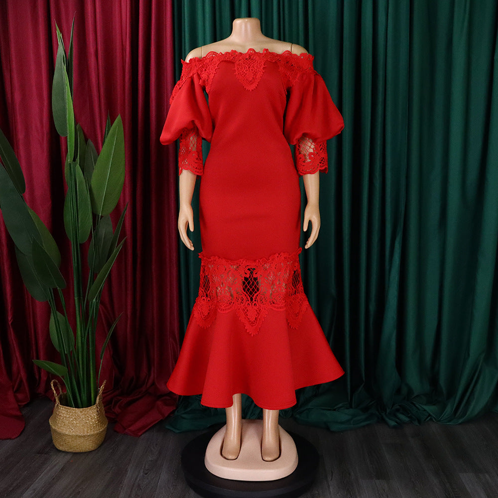 Women Off Shoulder Puff Sleeve Lace Patchwork Formal Party Mermaid Dress 36
