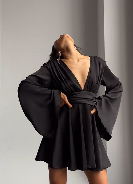 Bell Sleeve Solid Long Sleeve Sexy V-Neck Slim Waist Mini Party Dress 9