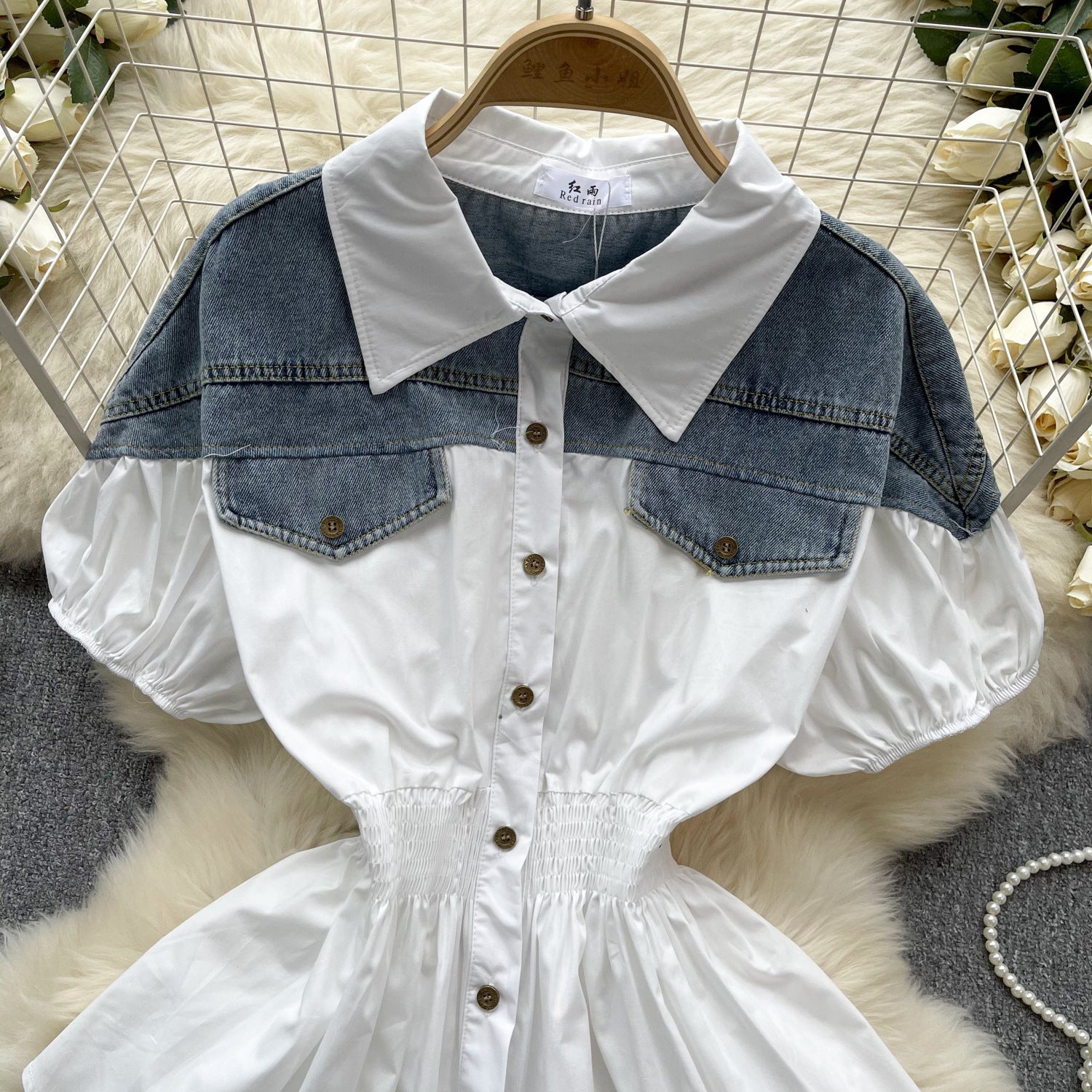 Women Contrast Patchwork Puff Sleeve Stretch Shirt 27