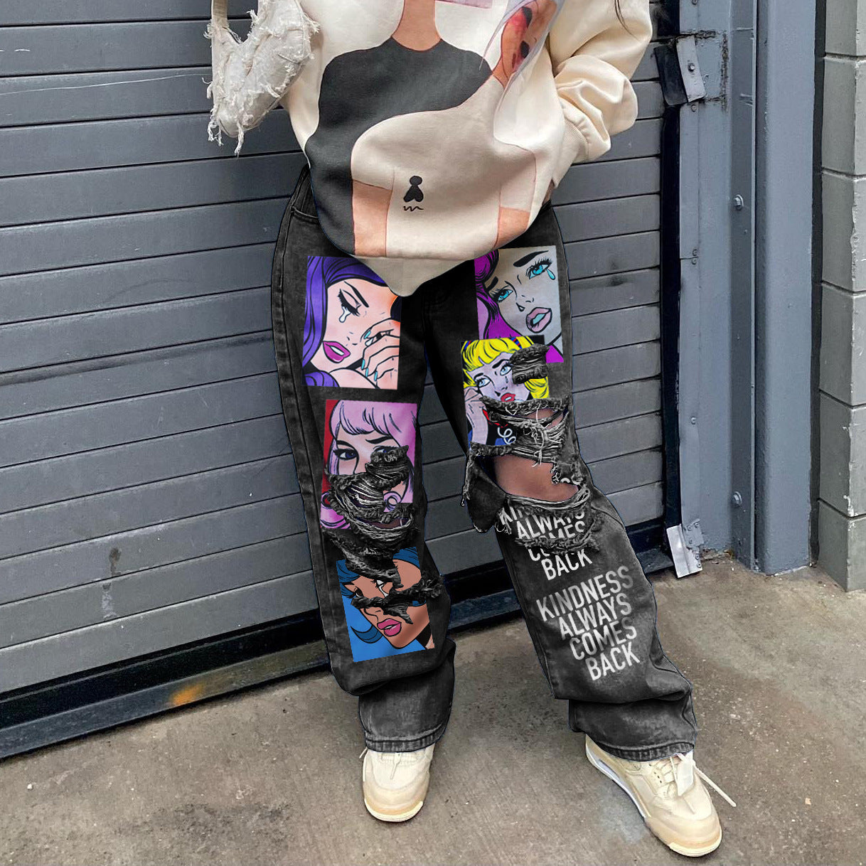 American Retro High Street Printed Wash Denim Pants Casual Women Wide Leg Jeam 4