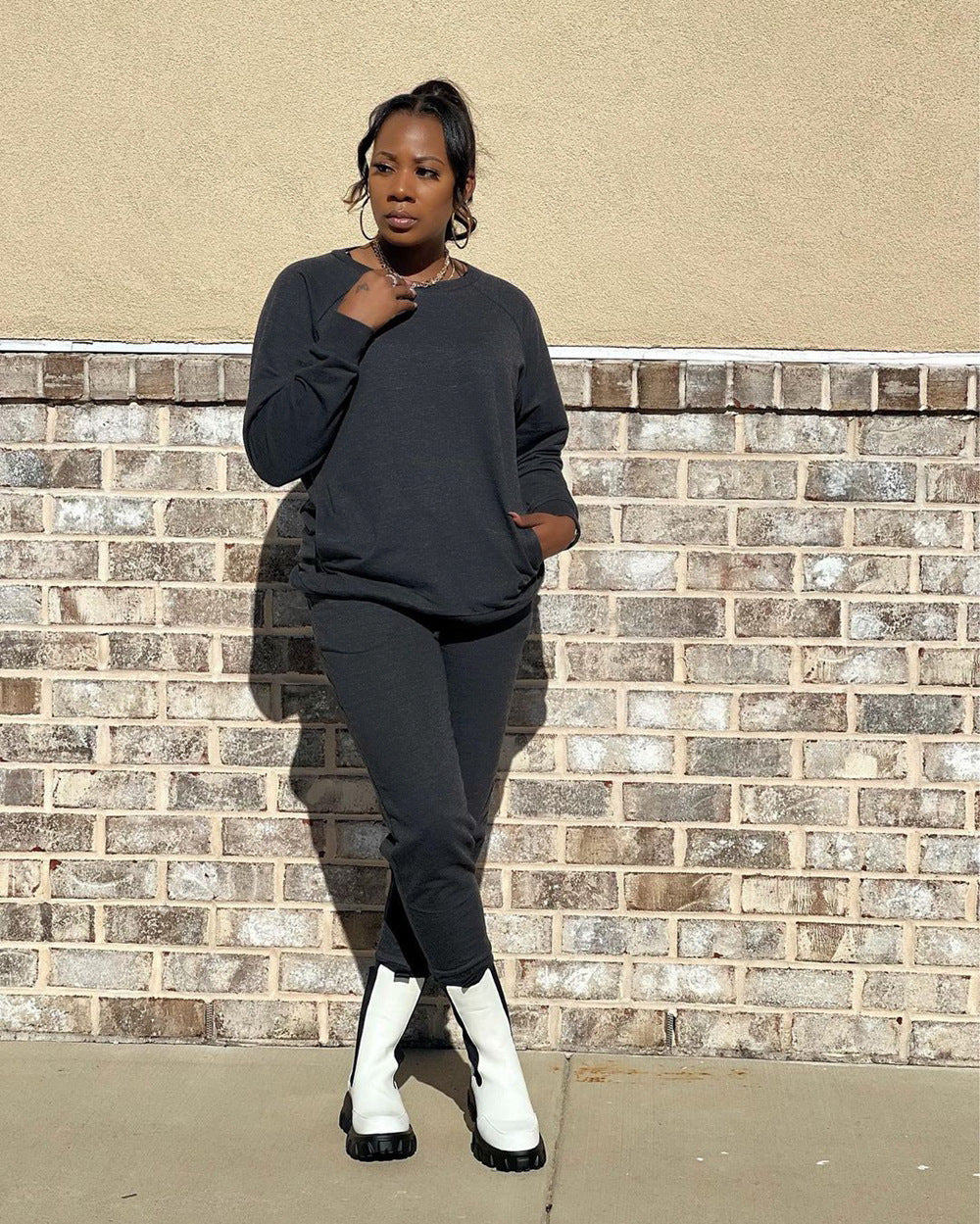 Women's Autumn winter solid color cotton drawstring pocket sports longs leeve two-piece pants set 3