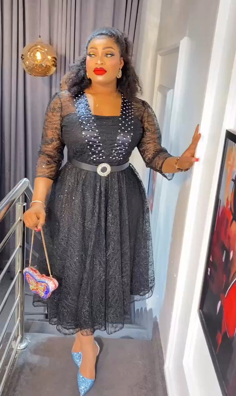 African Clothing Plus Size Women's Lace Patchwork Beaded A-Line High Waist Dress With Belt 3