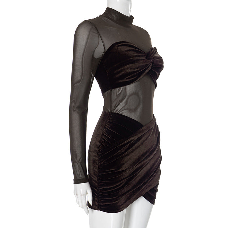 Women High Neck Velvet Mesh Patchwork Bodycon Dress 7