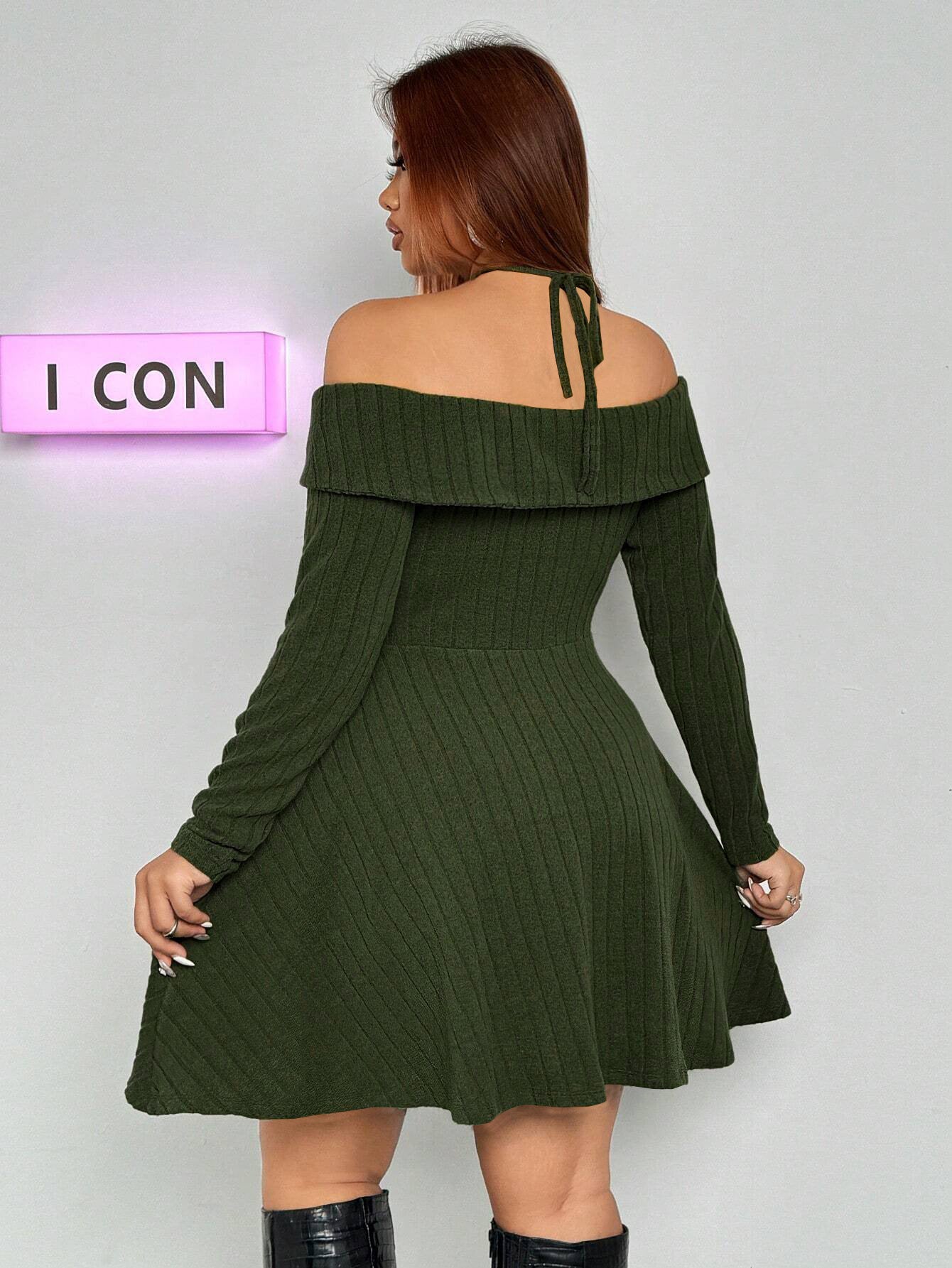 Autumn And Winter Plus Size Women's Sexy Trendy Halter Neck Off-Shoulder Short Dress