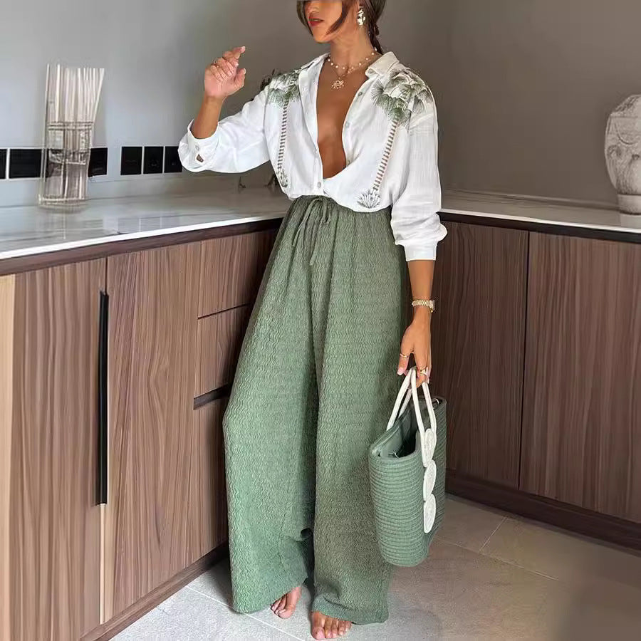 Spring Autumn Print Long Sleeve Single-Breasted Shirt Trousers Set Casual Loose Two-Piece Suit 5