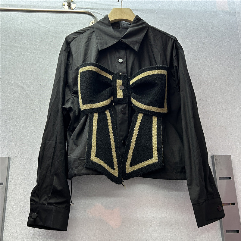 Women long-sleeved Patchwork Knitting shirt bow shirt 9