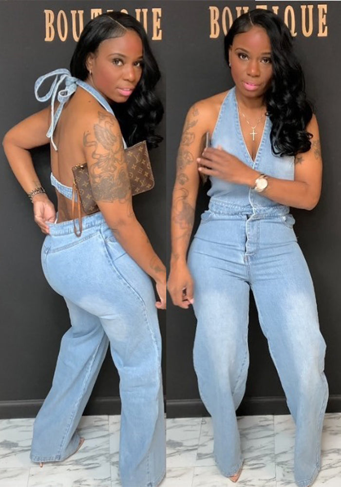 Women's Halter Neck One-Piece Overall Denim Pants