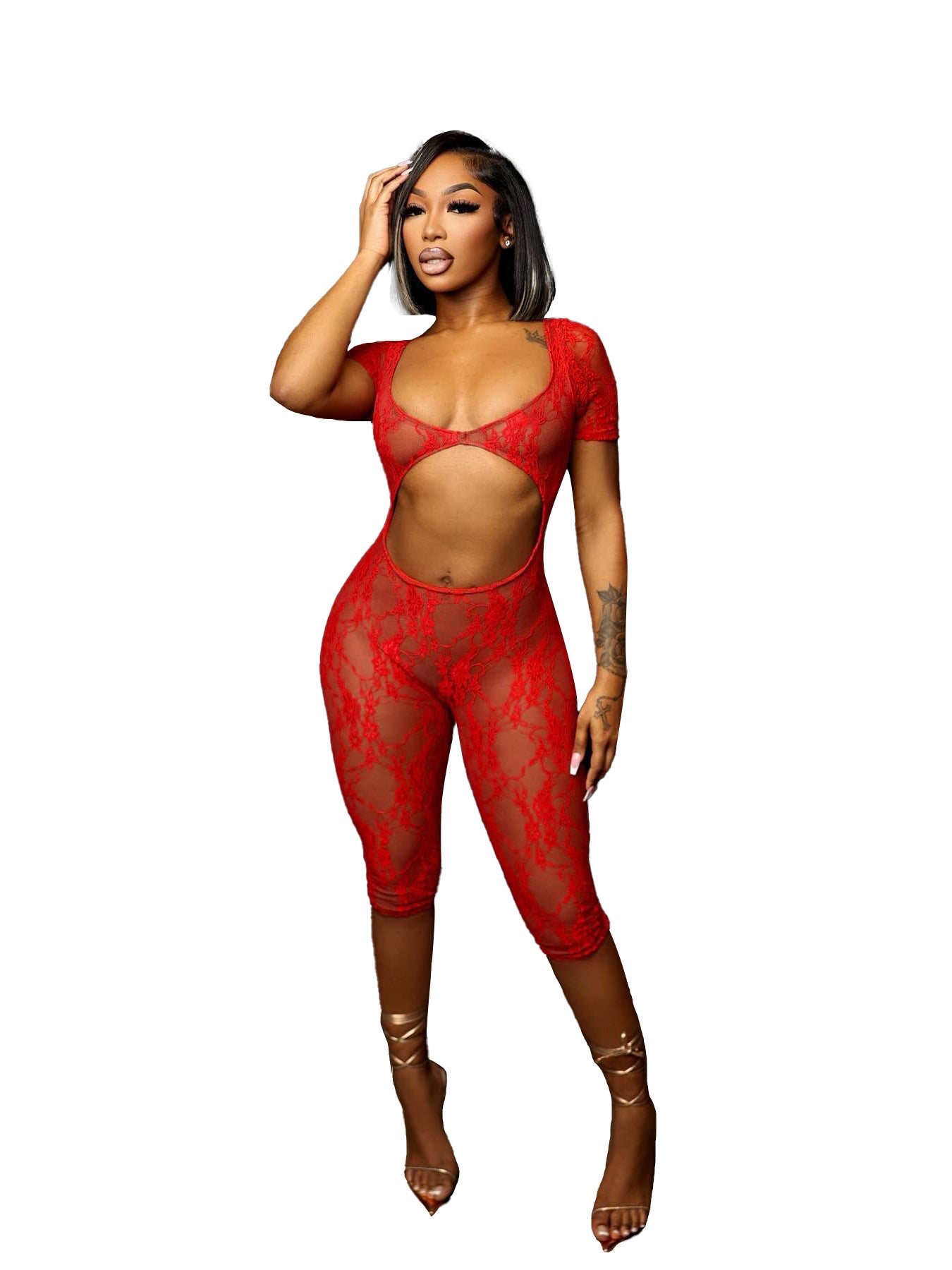 Women's Sexy See Through Lace U Neck Short Sleeve Jumpsuit 10