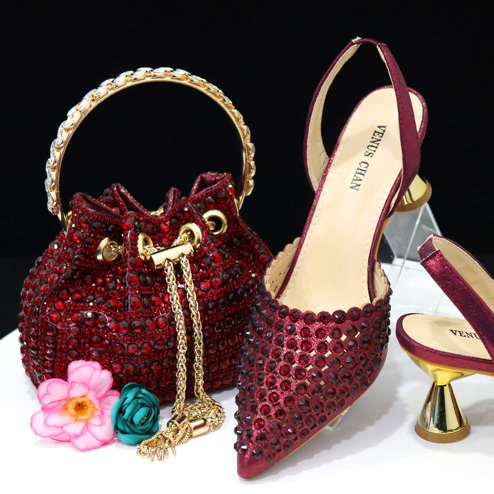 Colorful Rhinestone Bucket Handbag Paired With Pointed Toe Women's Medium Heel Shoes 8