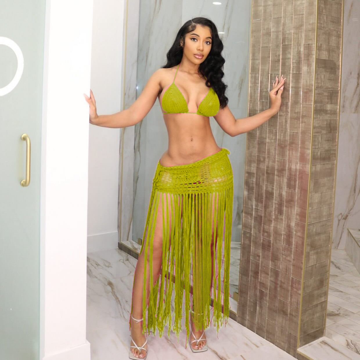 Women's Crochet Solid Color Bikini Top Tassel Beach Skirt Two Piece Set 7