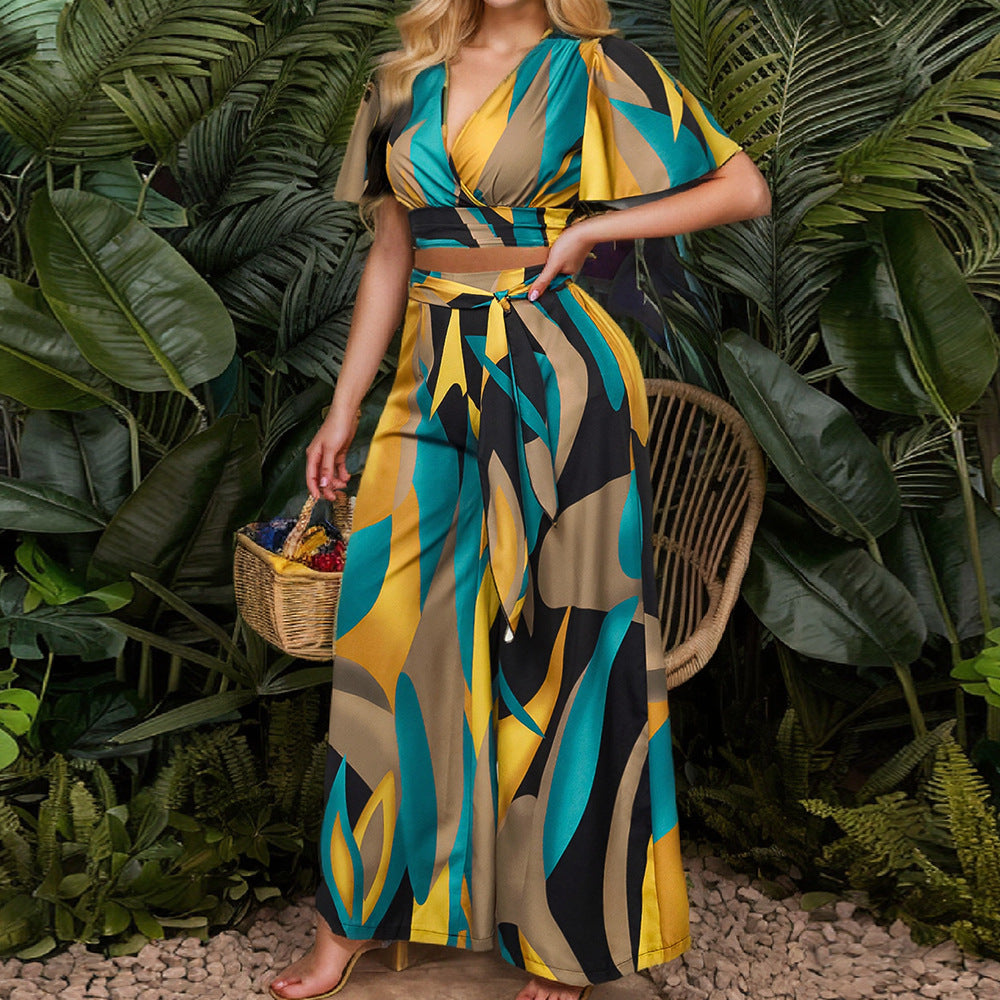 Women's Summer Casual Printed V-Neck Top and Wide Leg Pant Sets 4