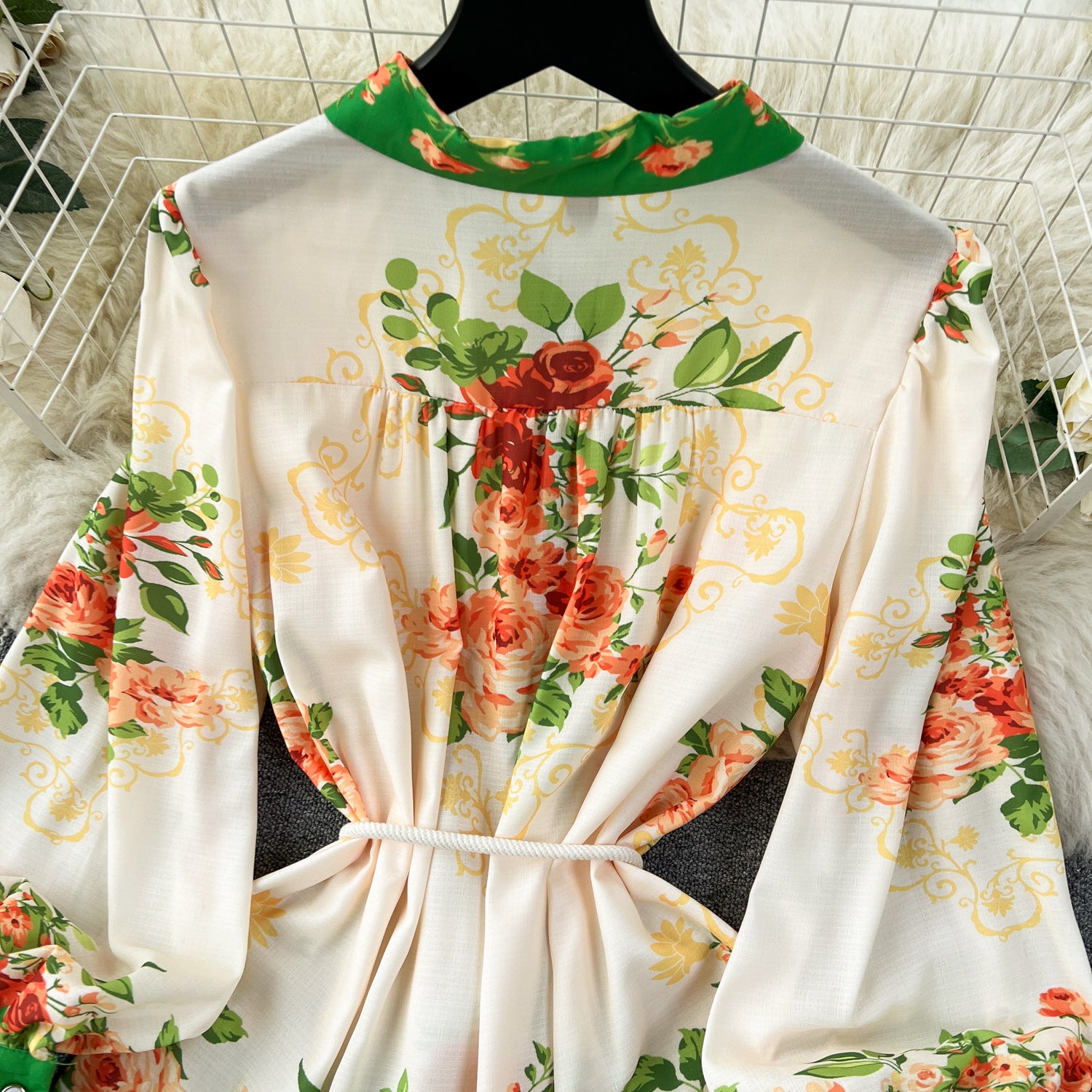 Women French retro print color matching shirt dress 22