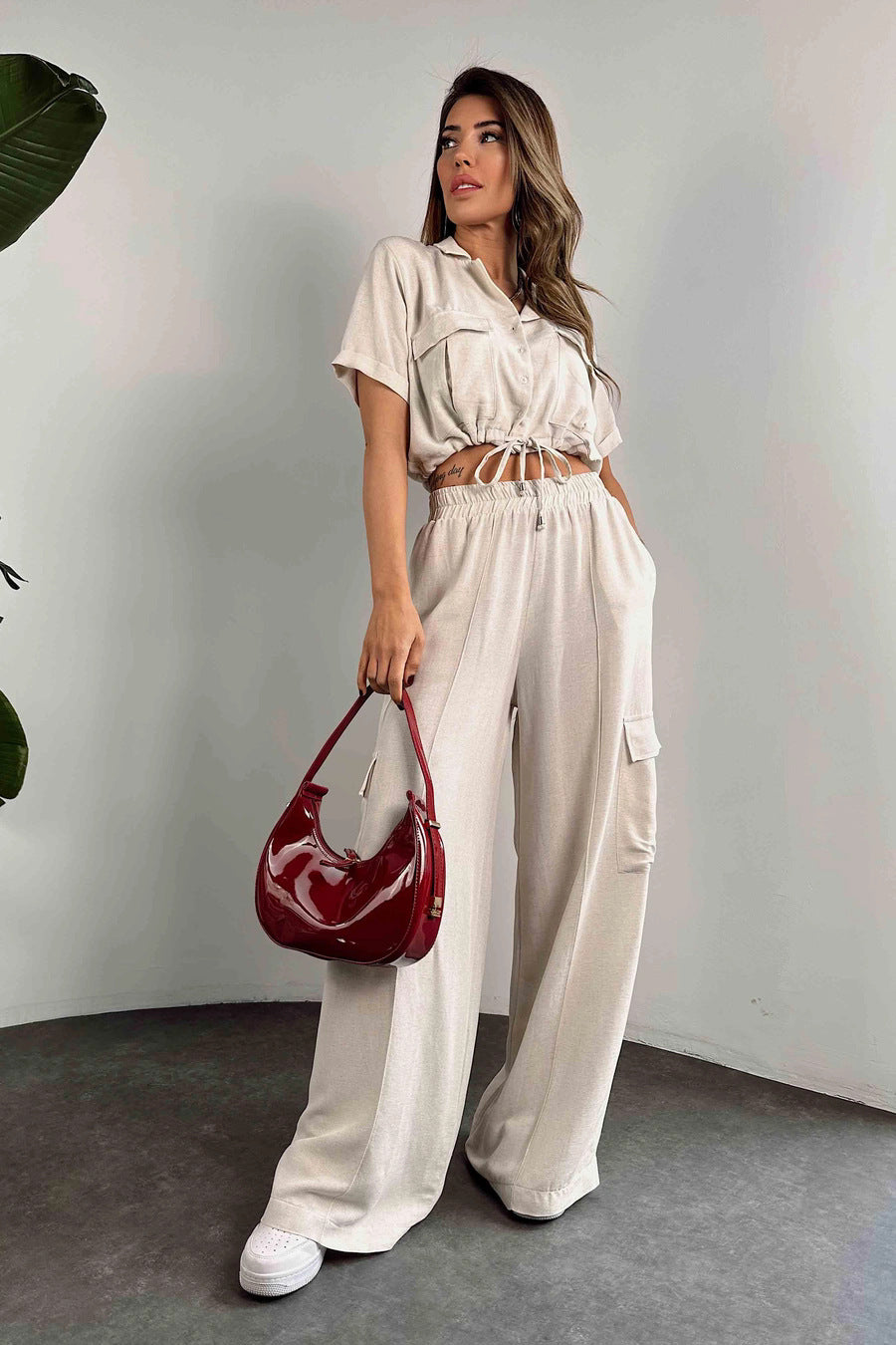 Women Summer Casual Short Sleeve Top and Cargo Pants Two-piece Set 5