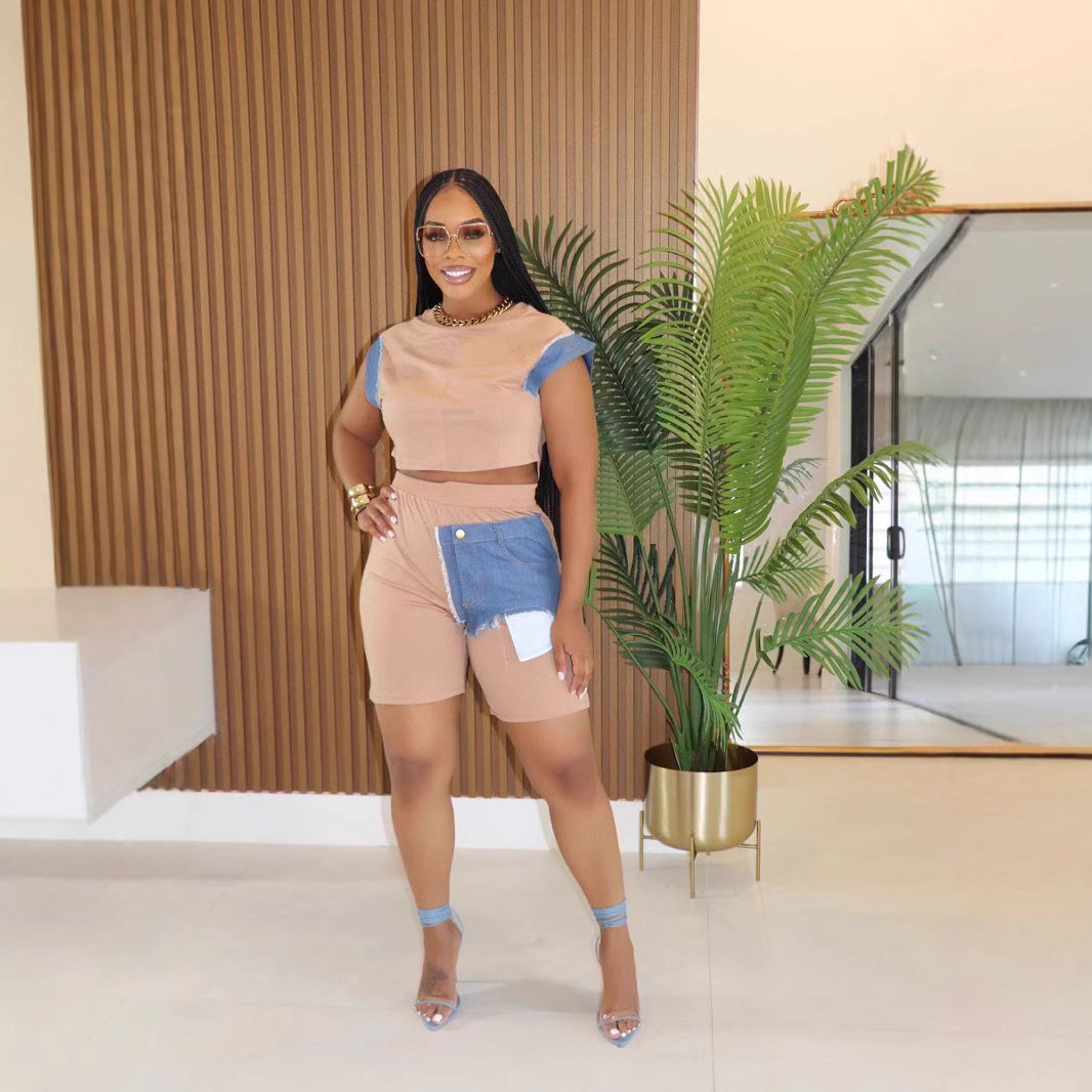 Women's Casual Denim Patchwork Short Sleeve Top Shorts Two-piece Set 11