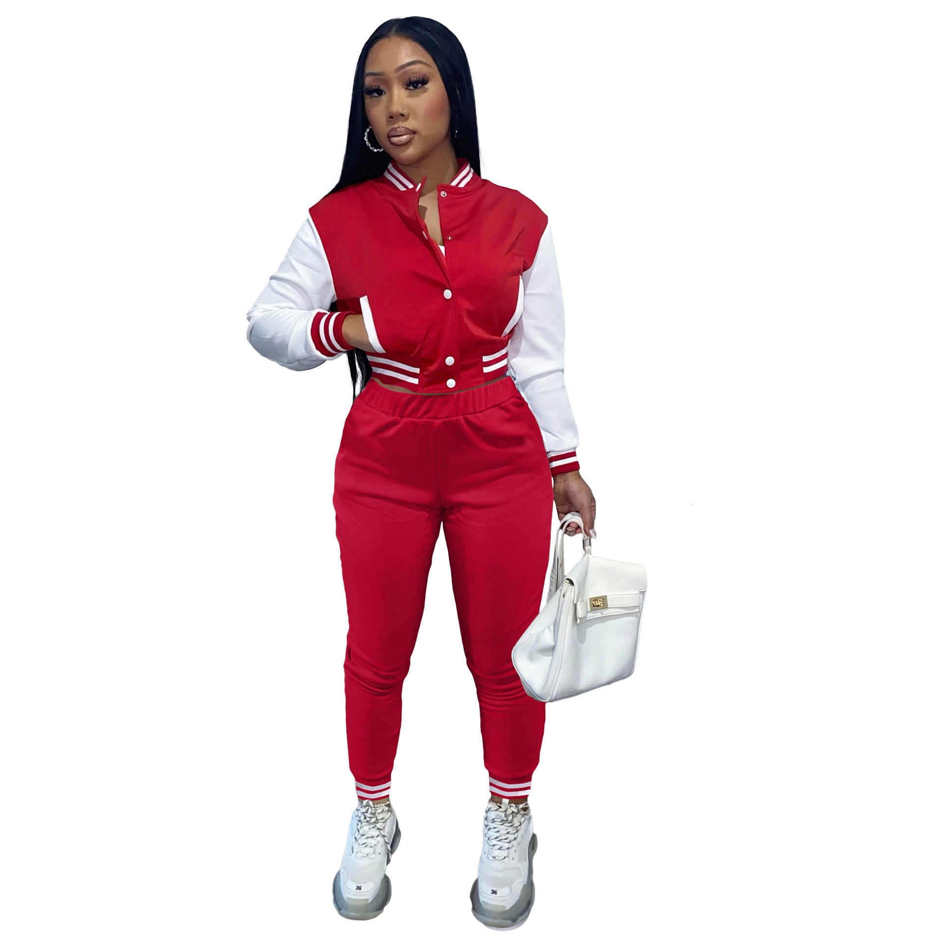 Women's Color Block Single Breasted Patchwork Long Sleeve Baseball Jersey Pants Two Piece Set For Women 12