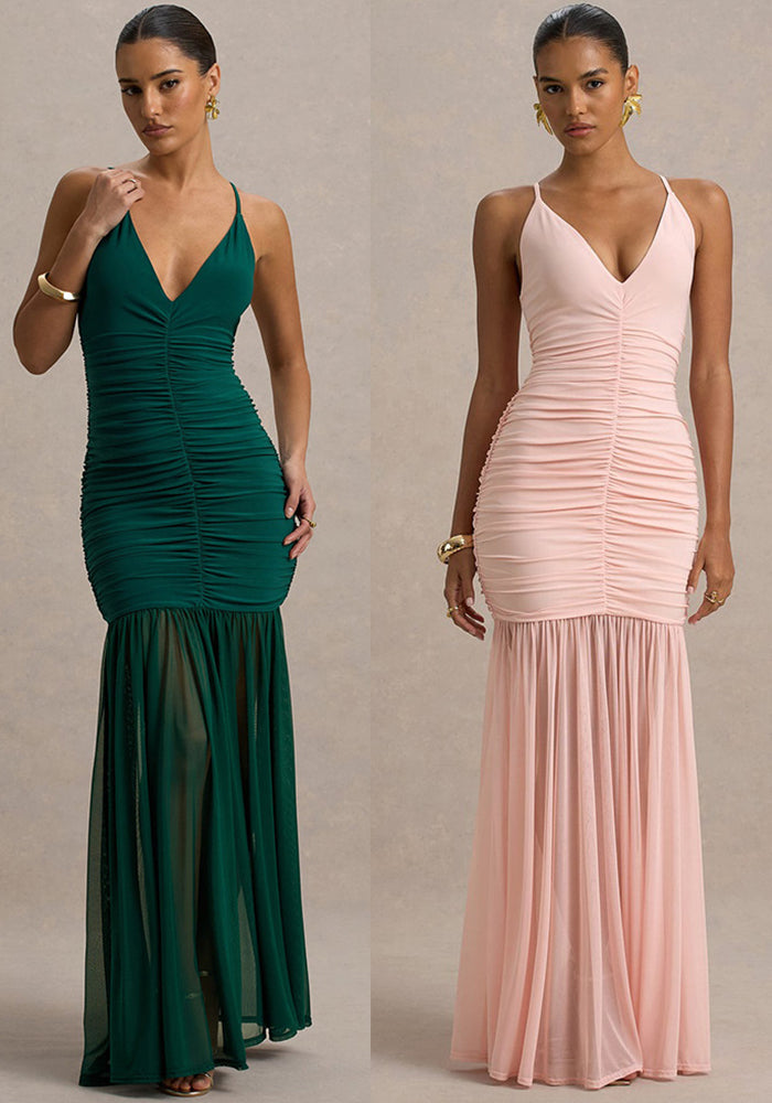 Women Sexy and Elegant Ruffled See-Through Solid Backless V-Neck Strap Dress