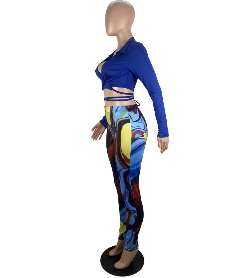 Fall Sexy Blue Turndown Collar Wrap Tied Long Sleeve Crop Top and Printed Tight Pants Set 8