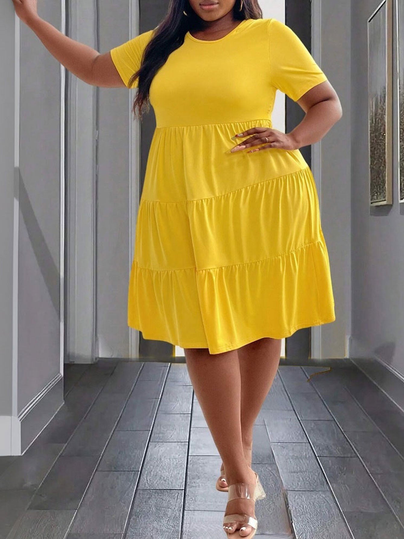 Spring And Summer Plus Size Women's Yellow Loose Short Sleeve Mid-Length Casual Dress 5