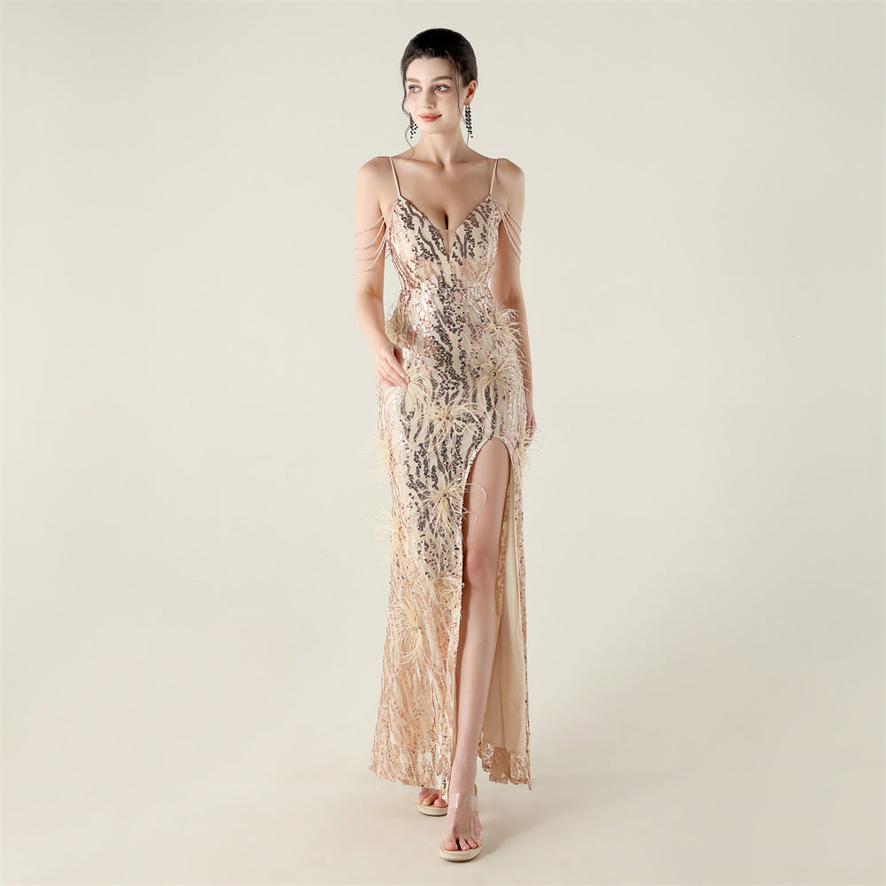 Plus Size Women clothing feather embroidery sequins beaded diamond chain sling V Neck fishtail evening dress 11