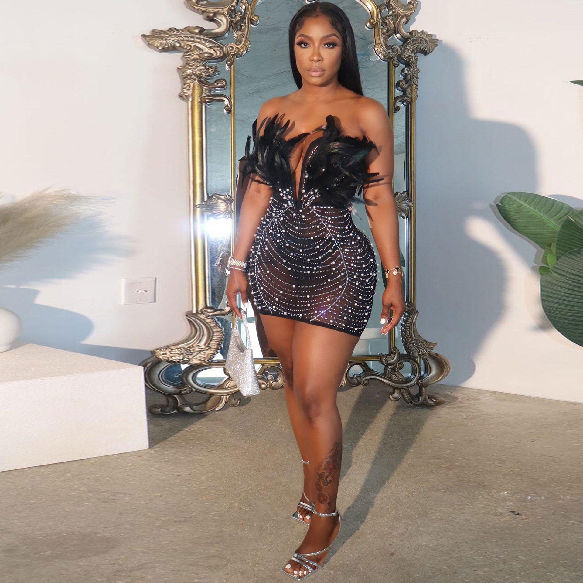 Sexy Feather Beaded Pearl Tight Fitting Bodycon Dress