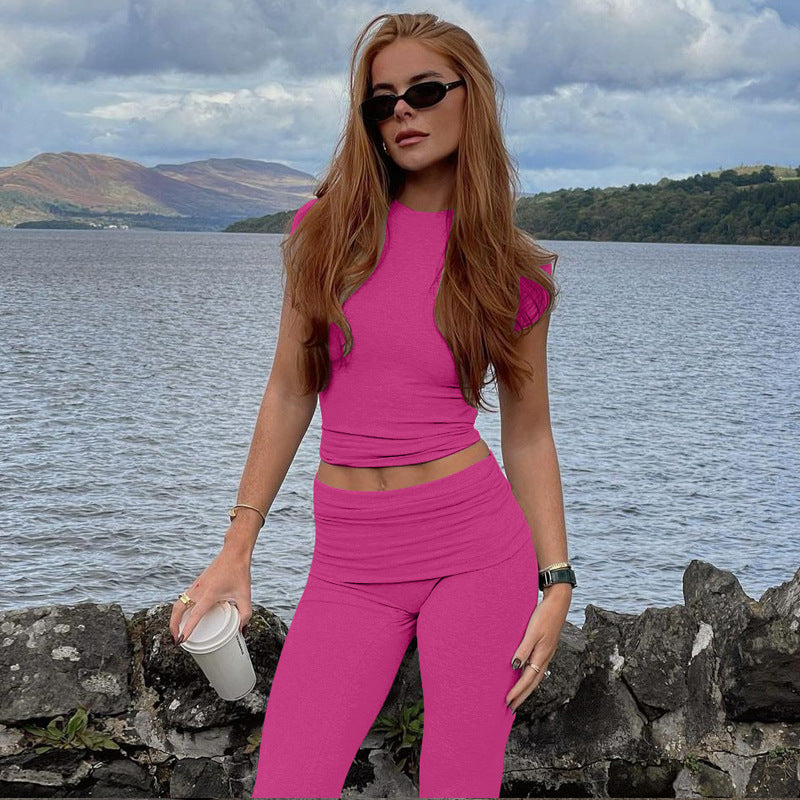 Women Spring Summer Crop Short Sleeve T-Shirt And Pants Two-piece Set 5