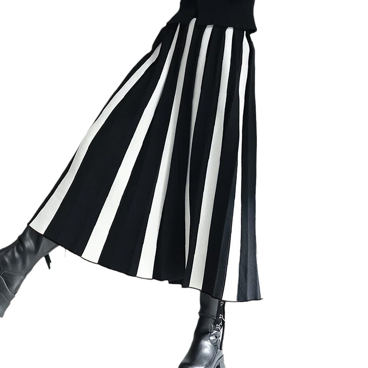 Spring Autumn Winter Knitting Color Blocking Fashion Pleated A-Line Long Skirt 6