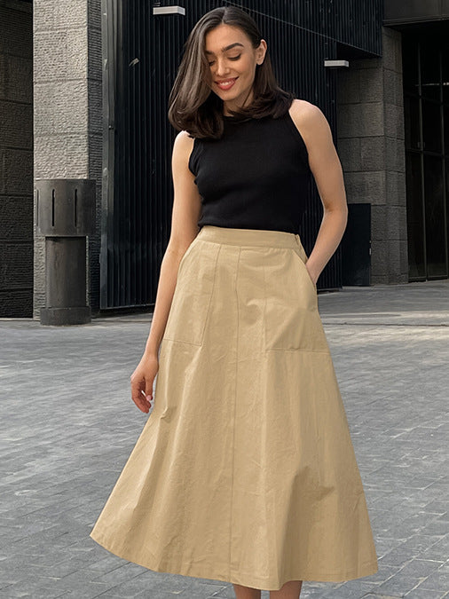 Khaki High Waist Career Long Skirt Autumn Fashion Women's Clothing 6