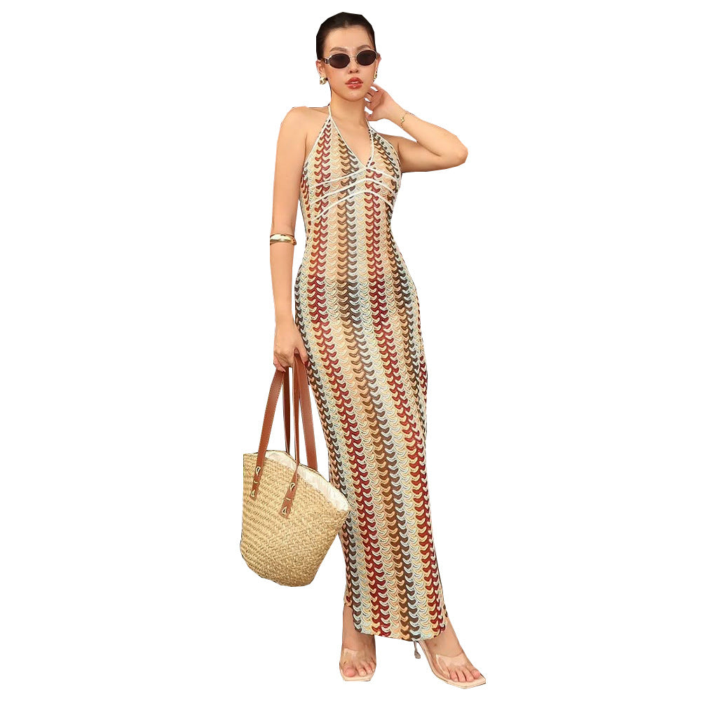 Striped See-Through Summer Trendy Sexy Halter Sleeveless Beach Long Dress 13