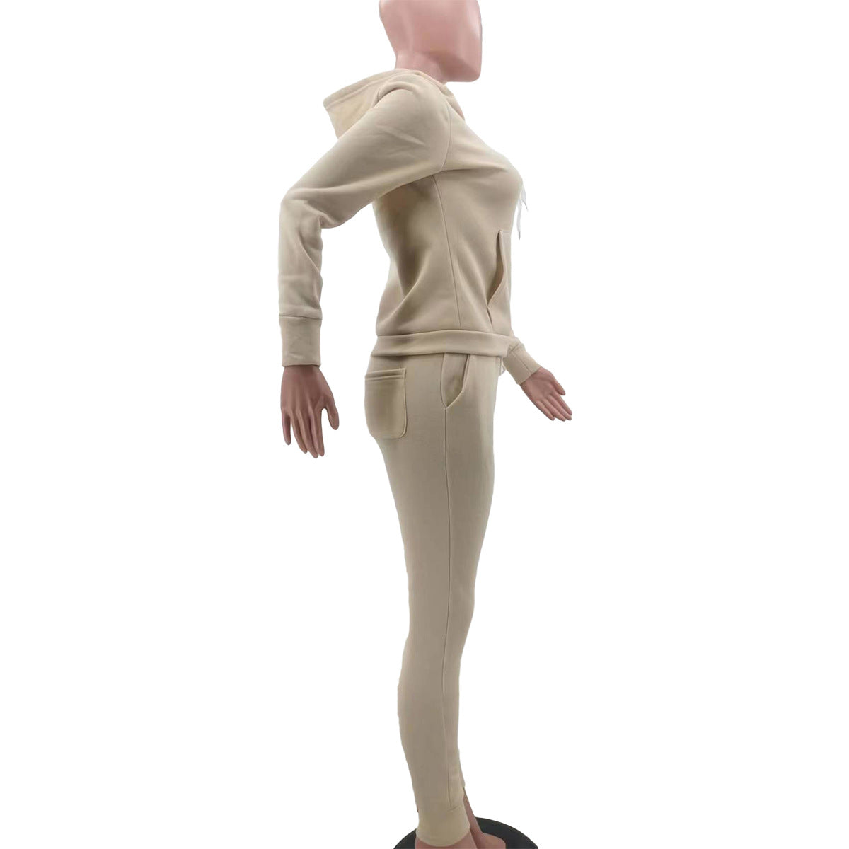 Women's Fashion Autumn and Winter 2-piece Solid Color Hooded Set with Fleece Drawstring (with Pockets) 17