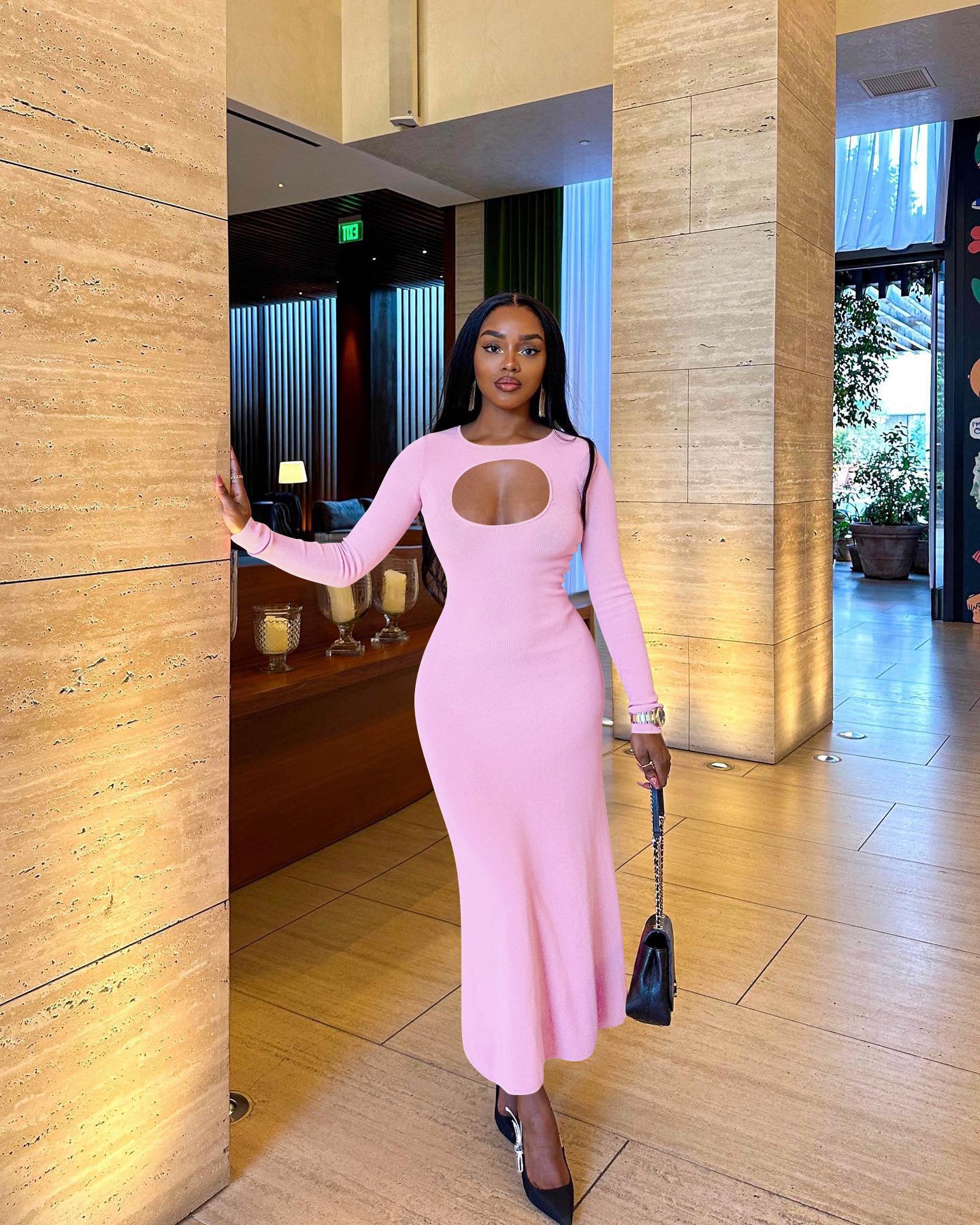 Women's Clothing Sexy Fashion Keyhole Solid Long Sleeve Dress Women's Clothing 3